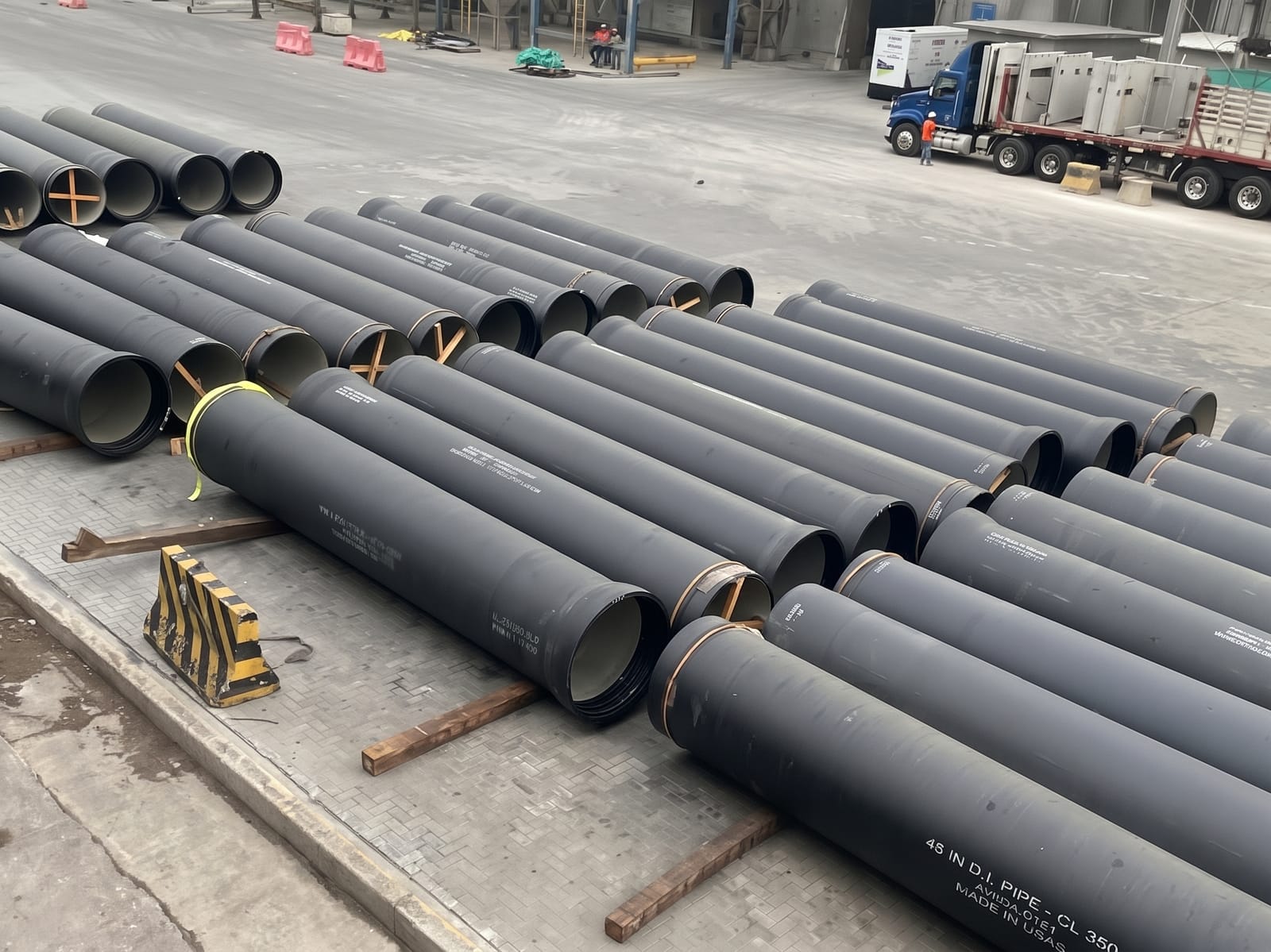 Tubería de hierro dúctil en patio de acopio